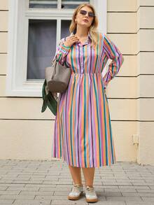 Rosumi Plus Size Casual Commuter Striped Dress, Autumn Winter Clothes For Women Cozy Fall And Winter Clothes For Women Casual Long Dresses - Multicolor - View 3
