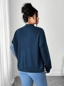 Elenzga Suéter holgado de cuello alto, manga larga y hombros caídos con bloques de color, talla grande