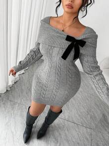 SHEIN Elenzya 大码女式纯色露肩扭纹针织毛衣裙 - 灰色 - 查看 1
