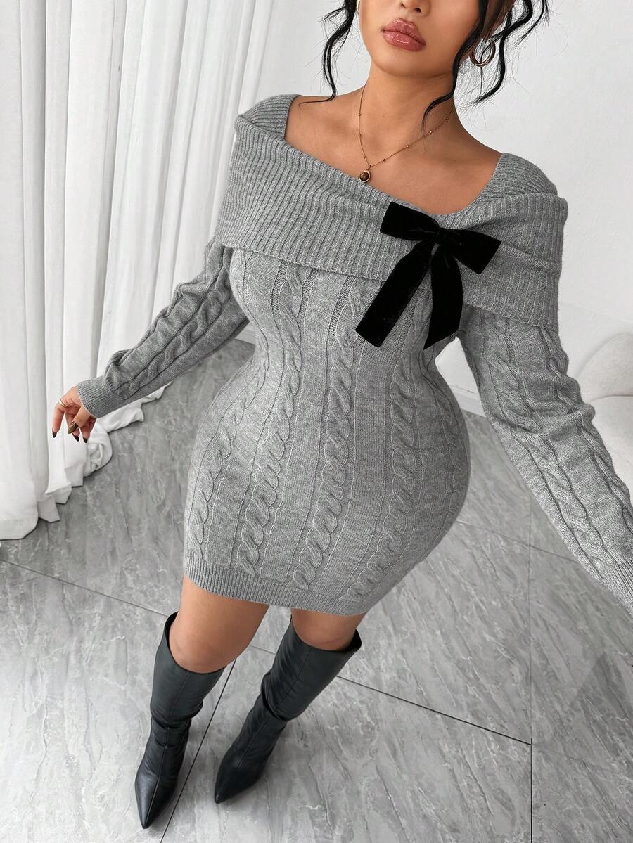 SHEIN Elenzya 大码女式纯色露肩扭纹针织毛衣裙 - 灰色 - 查看 1