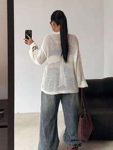POPSWAY Plus Size Plus Size Sheer Sexy Hollow Out Round Neck Long Sleeve Knit Sweater - Apricot - View 3