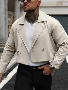 Manfinity Homme 男士前扣长袖口袋简约休闲风衣，外穿法兰绒短款风衣，适合送给朋友、老公、男朋友的礼物 - 杏色 - 查看 8