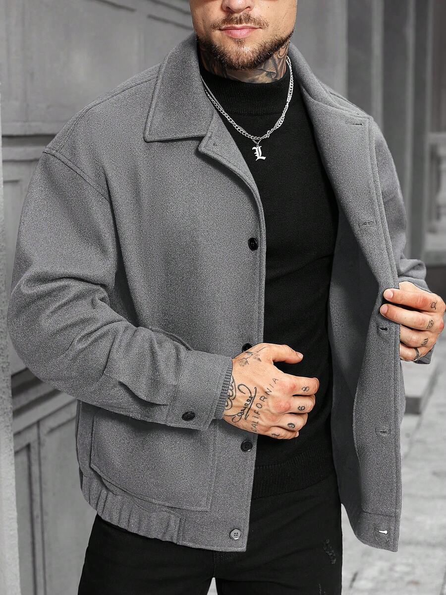 Manfinity Homme Men's Casual Fashion Single-Breasted Long Sleeve Woolen Coat, Autumn - Grey - View 1
