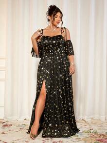 Cravure Váy dự tiệc cỡ lớn dành cho nữ có họa tiết ngôi sao rộng, khoét vai xoắn, viền xẻ cao, thắt eo - màu đen - Xem 3