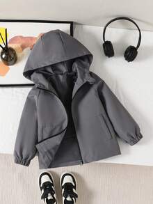 Genkimix Kids 年轻男孩休闲简约拼布口袋连帽风衣，宽松舒适夹克，适合春秋季日常穿着、旅行、派对、拍照 - 深灰色 - 查看 1