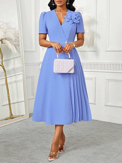SHEIN Lady Hand-Made Floral Light Blue Ladies' Mid-Length Pleated Dress Birthday&Event Dresses /Office Dresses /Church Dresses/Wedding Dresses /Holiday Dresses /Business Casual Woman Women Dresses Summer Tropical Dresses For Women Elegant Dress Graduation Dress/