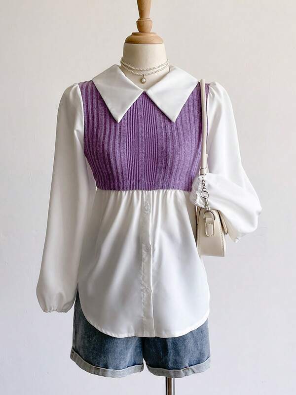 Sweetra Young Camisa de manga larga con cuello y bloque de color 2 en 1 de estilo escolar informal para niñas preadolescentes