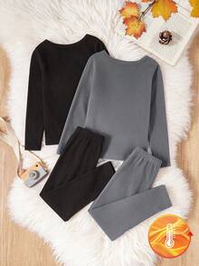 SHEIN Genkimix Kids 2 件套男童套装：黑色和灰色保暖长袖上衣和裤子，保暖内衣套装