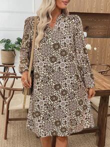 EMERY ROSE 女式休闲全印花缺口领长袖中长连衣裙，秋季 - 彩色 - 查看 5