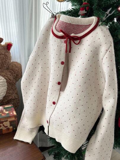 DAZY Teen Girls' Fashion Casual Contrast Color Dot Button Sweater,New Year,Christmas