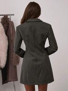 SHEIN BAE Autumn/Winter Fashion Minimalist Striped Slim-Fit Long-Sleeve Premium Suit Dress Elegant Dress Crafted From Woolen Striped Fabric Ideal For Professional Wear Warm-Weather Suit Dress