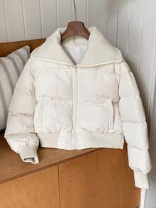 Comfortcana 女士休闲日常通勤简约大翻领拉链夹棉大衣，冬季