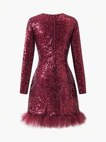 Sequin Embellished Burgundy Tulle Dress, Faux Fur Trim Teen GirlChristmas Party Dress - Burgundy - View 6
