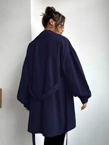 SHEIN EZwear Giacca a vento casual minimalista con collo a bavero e bottoni, stile francese, per taglie forti, adatta per l'autunno/inverno - Blu Navy - Visualizzare 9