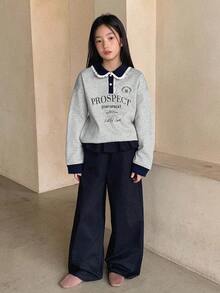 DAZY 2件套女童针织领抓绒印花卫衣裤套装，秋冬季 - 灰色 - 查看 1