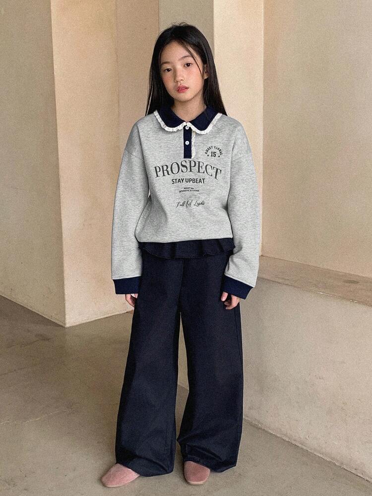 2pcs/Set Tween Girls Knitted Collar Fleece Printed Sweatshirt And Pants Set, Autumn,Winter