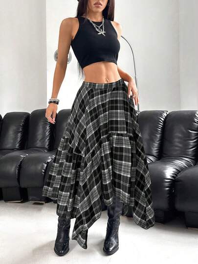 SHEIN EZwear 大码不对称下摆棕色半身裙，初秋