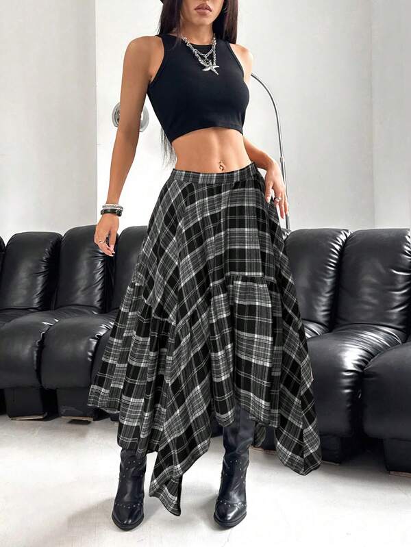 SHEIN EZwear Plus Size Asymmetrical Hem Brown Skirt, Early Autumn