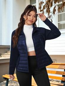 SHEIN EZwear Áo khoác nữ tay raglan màu trơn cỡ lớn có khóa kéo thường ngày mùa đông Áo khoác nữ màu xanh navy Áo khoác nữ Áo khoác chần bông Quần áo mùa đông cho nữ Áo khoác ngoài cho nữ - Màu xanh hải quân - Xem 4