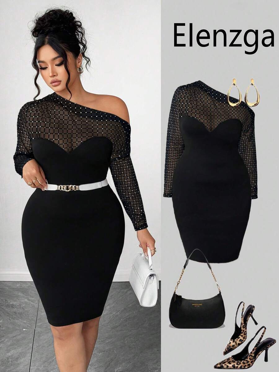 Elenzga Plus Size Asymmetric Collar Mesh Patchwork Long Sleeve Dress - Black - View 1