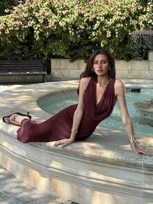 Aloruh New Fashionable Elastic Fitted Waist Plunging Neck Maxi Mesh Party Dress, Sexy & Slimming,Wedding Guest Dress Women,Red Dress,Christmas,New Year Dress