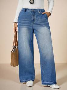 SHEIN Tall CURVE 大码秋冬万圣节圣诞节新年感恩节通勤度假街头风性感科技风生日机场派对婚礼优雅商务休闲女装高腰口袋阔腿宽松休闲百搭牛仔裤蓝色牛仔裤大码水洗牛仔弹力腰牛仔裤女式宽松阔腿舒适裤 - 藍色 - 查看 6