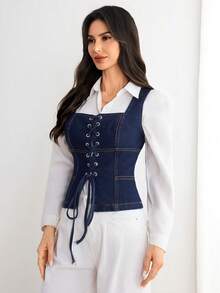 Elenzga 女士休闲交叉牛仔吊带背心 - 藍色 - 查看 5