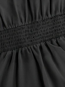 Franclia Bluză elegantă pentru femei de mărime mare, din șifon, culoare solidă, cu decolteu în V, cu nasturi și perle, mâneci bufante și volane, design versatil, cămașă casual cu mânecă lungă - Negru - Vizualizare 5