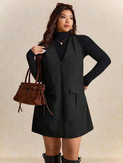 Elaquor Plus Size Women Casual Solid Color V-Neck Sleeveless Dress