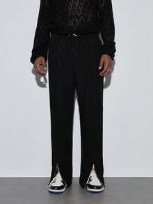 Modcrash Calça Larga de Verão Masculina de Veludo Canelado com Zíper e Fenda, Calça Longa Casual Esportiva Versátil de Cor Sólida - Preto - Visão 4