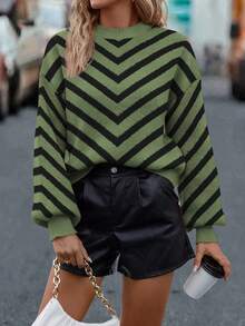 SHEIN LUNE Sweater Wanita Kasual Longgar dengan Motif Garis-Garis dan Bahu Jatuh, Musim Gugur/Dingin - Olive Green - View 4