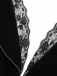 Elenzga Áo khoác dài tay cổ ren tương phản cỡ lớn cho nữ thanh lịch - màu đen - Xem 3