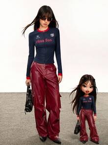 Rina Fox 2025 女士时尚拉链字母印花长袖T恤 - 藏蓝色 - 查看 3