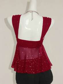 SHEIN ICON 女式闪亮面料不对称网眼下摆背心 - 酒紅色 - 查看 2