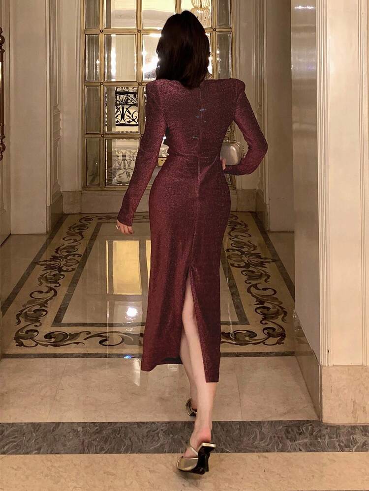 Elegant Puff Sleeve Metal Buckle Decor Long Dress For Women, Autumn Prom Dress,New Year,Christmas Maxi Dress