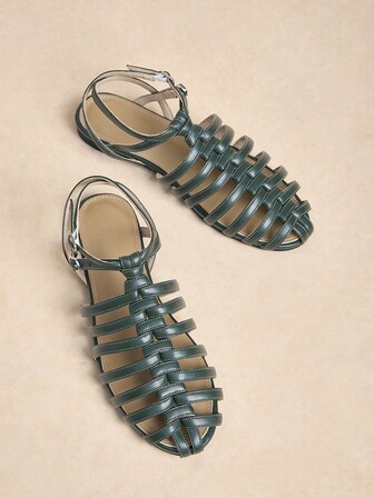 Rosivie Women's Casual Solid Color Hollow Flat Gladiator Sandals, Summer