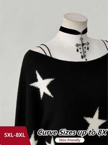 SHEIN CURVE+ 加大码女式 Y2K 街头风五角星提花宽松蝙蝠袖圆领针织毛衣，适合秋冬季、返校季、室内/室外、通勤，最佳节日礼物，非常适合万圣节/圣诞节、春季/秋季、秋季/冬季 - 黑色 - 查看 5
