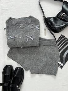 Elamini 时尚百搭蝴蝶结装饰长袖上衣和短裤毛衣两件套 - 灰色 - 查看 1