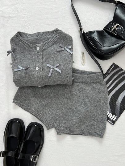 Elamini 时尚百搭蝴蝶结装饰长袖上衣和短裤毛衣两件套