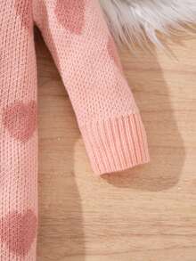 SHEIN Baby Girl Heart Pattern Long Sleeve Single-Breasted Knitted Jumpsuit, Autumn/Winter