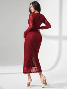 Modelyn Square Neck Lace Long Sleeve Fitted Midi Dress For Women - Burgundy - View 2