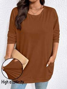 EMERY ROSE 大码纯色圆领落肩休闲宽松T恤 - 珊瑚橙 - 查看 3