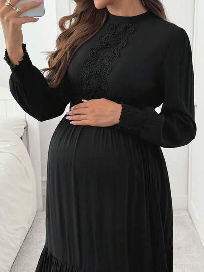 SHEIN Sukienka ciążowa w jednolitym kolorze, minimalistyczna, na co dzień, z półgolfem i długim rękawem