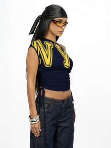 SUMWON Plus Size Off Shoulder Printed Letter Top With Ruched Side Details For Casual Streetwear - Navy Blue - View 4