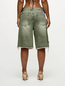 SUMWON WOMEN Women's Distressed Denim Bermuda Shorts With Eyelet Detail And Raw Hem Fringe - Green - View 2