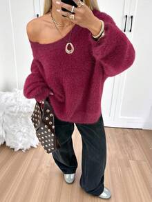 SHEIN EZwear 女式宽松蝙蝠袖休闲毛衣，红色，秋冬 - 酒紅色 - 查看 4