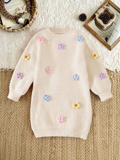 SHEIN Vintaside Kids 女孩手工花朵针织连衣裙，圆领长灯笼袖可爱优雅粉色连衣裙