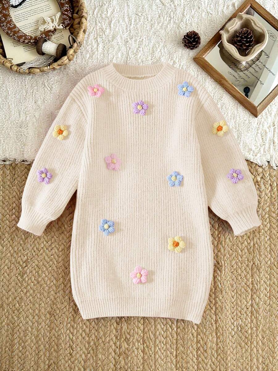 SHEIN Vintaside Kids 女孩手工花朵针织连衣裙，圆领长灯笼袖可爱优雅粉色连衣裙 - 米色 - 查看 1