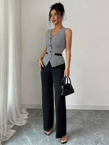 Elenzga Ladies Elegant Houndstooth Vest Top And Pants 2 Pieces Set - Black - View 4