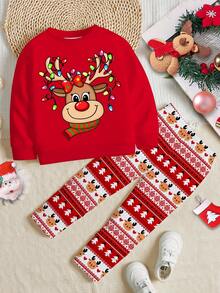SHEIN 2 Stücke Kleinkind Tween Mädchen Lässiges Weihnachten Rentier Grafik Muster Rundhals Langarm Sweatshirt und Leggings Set, geeignet für Herbst/Winter